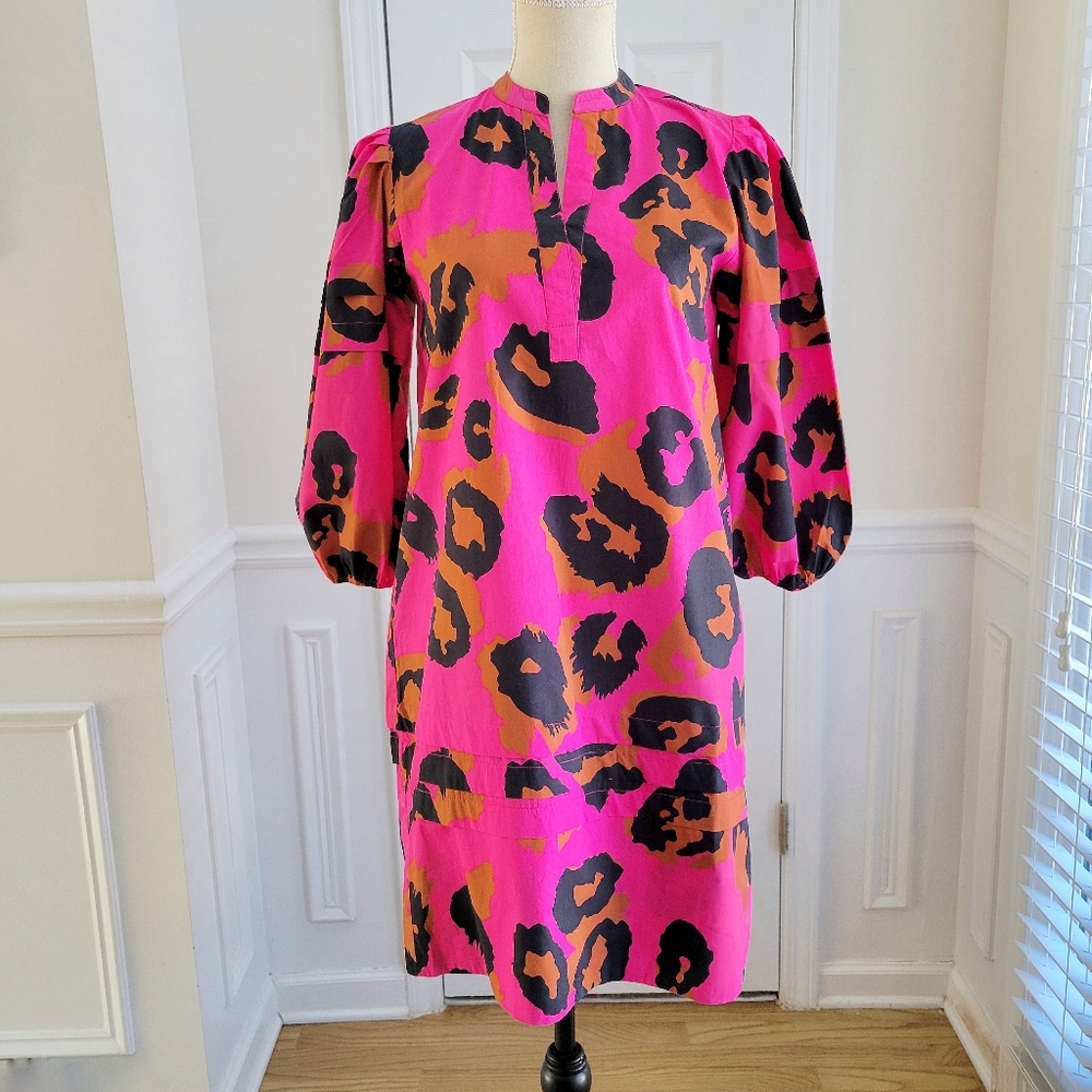 Maude Vivante Freya Dress Size S Pink Leopard Print‎ Puff Sleeve Poplin Chic